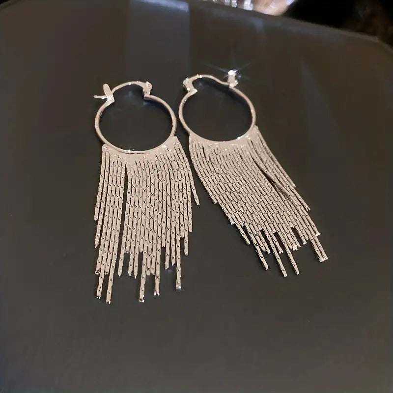 Silvery Sparkling Tassel Design Dangle Earrings