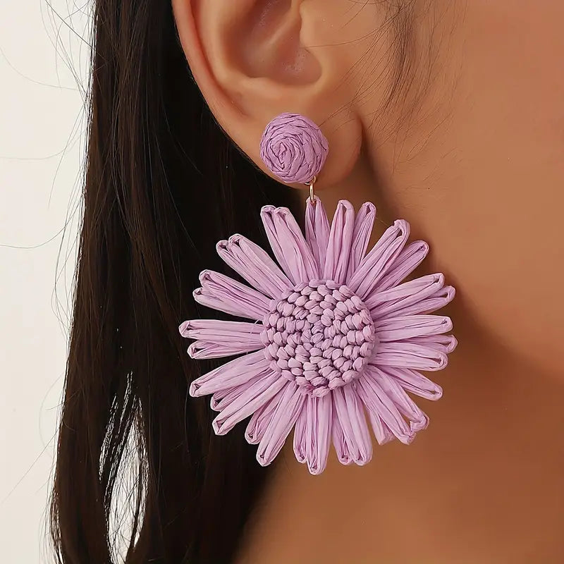 Hand-woven Raffia Sun Flower Dangle Earrings